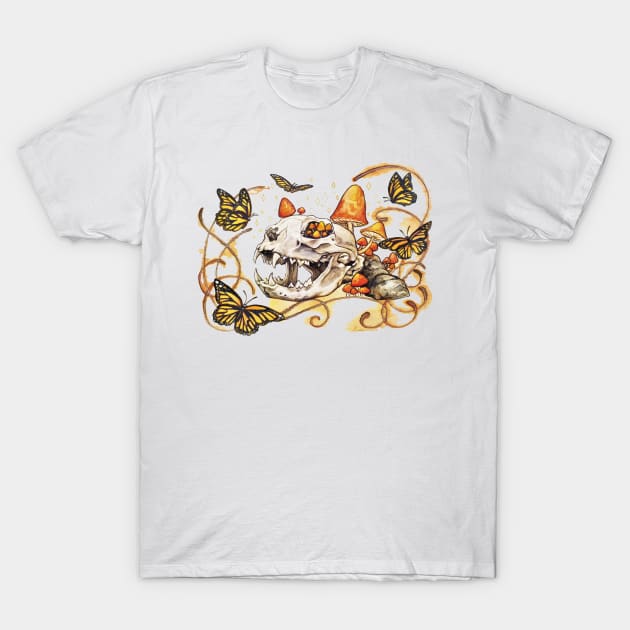 Cat Skull and Butterflies T-Shirt by GnarlyBones